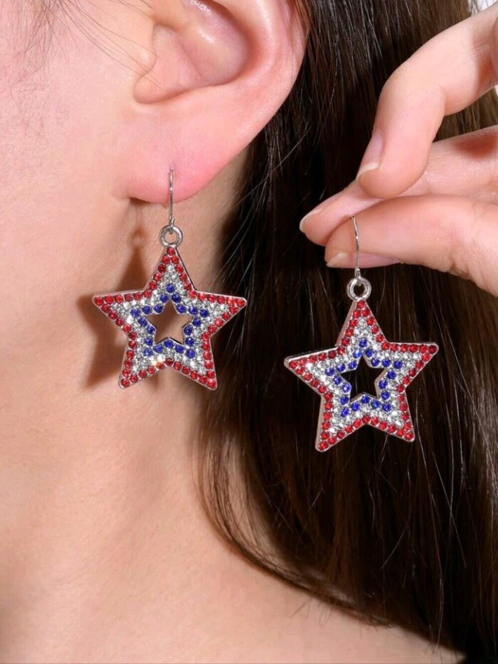 Star Rhinestone Red White & Blue Dangle Earrings USA Colors Festive